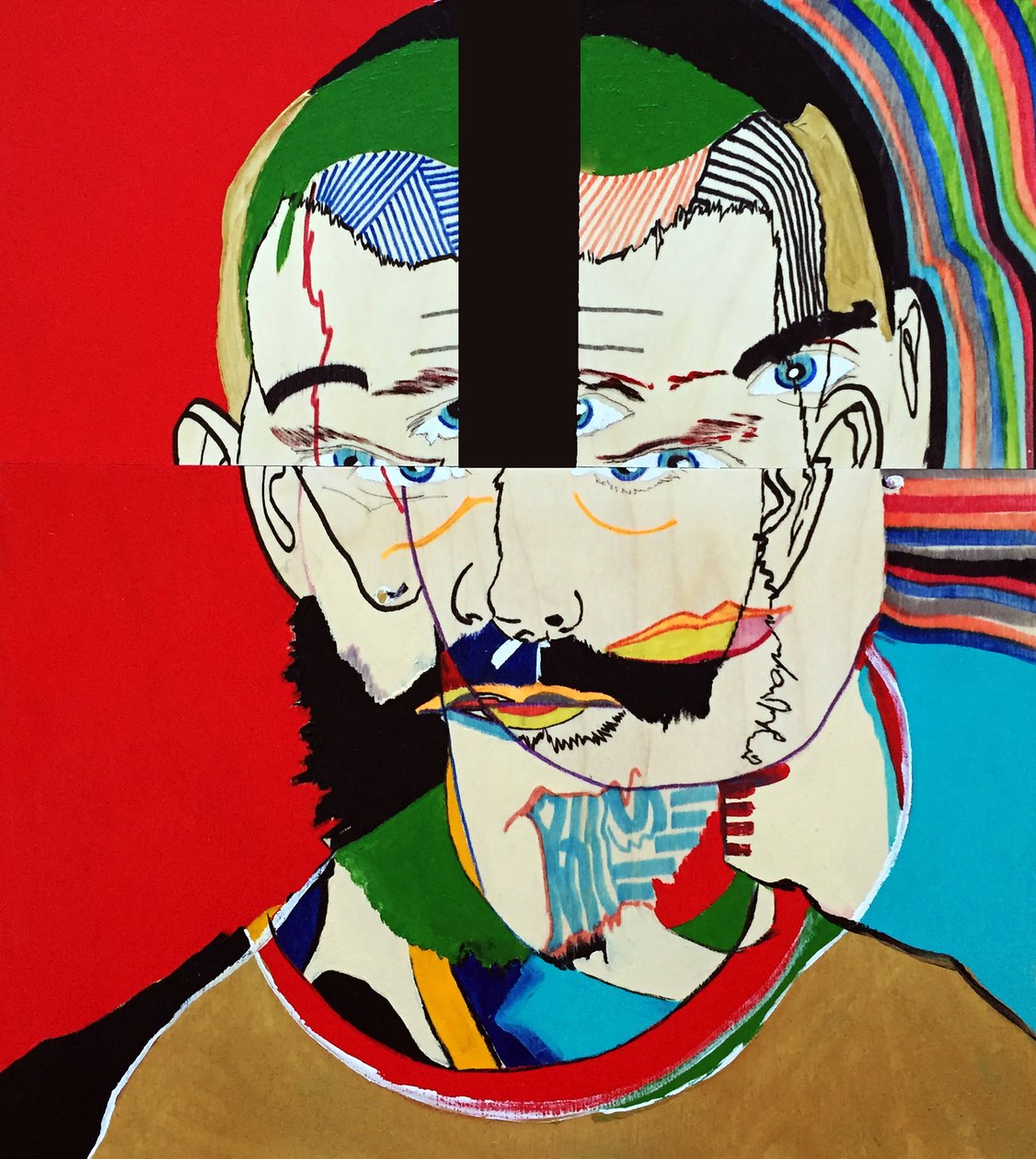 Surportrait : Mathieu Leroux, 2021 (huile et acrylique sur 3 panneaux de bois juxtaposés) - Benoit Erwann Boucherot