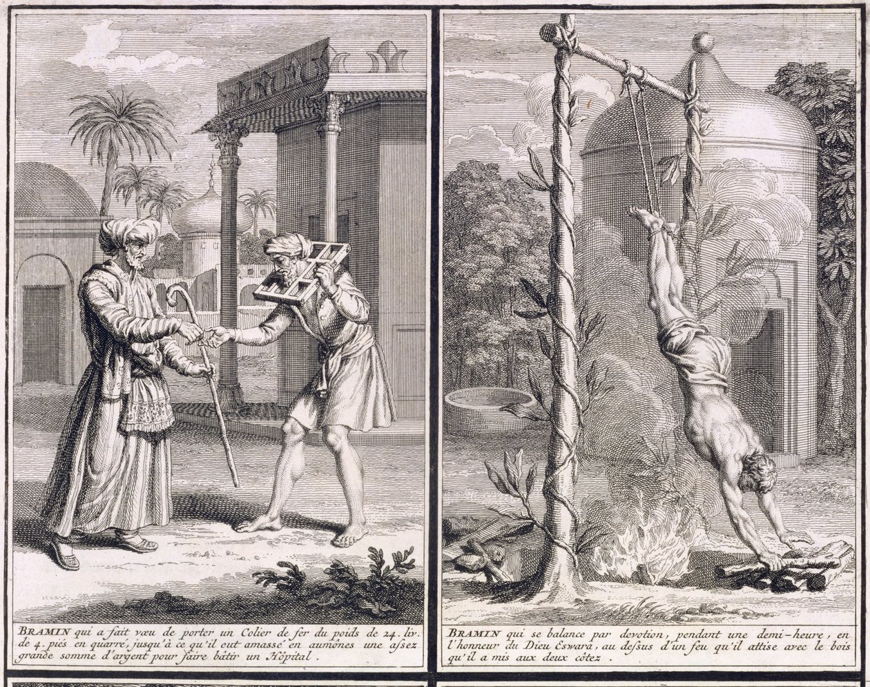 Un brahmane qui porte un collier de fer pour collecter des fonds pour un hôpital et un brahmane suspendu au-dessus d