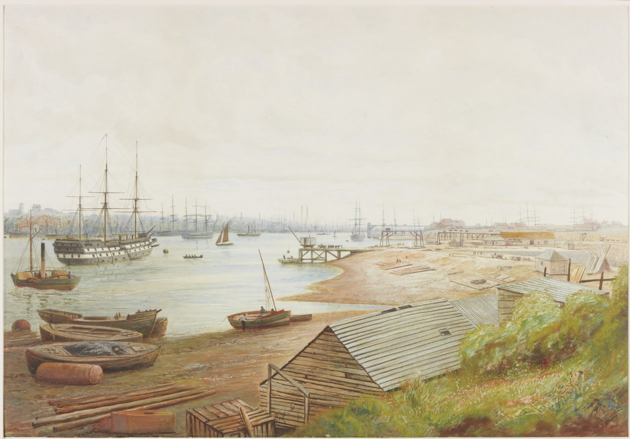 Scène de rivière animée avec de nombreux navires - Bernard Benedict Hemy