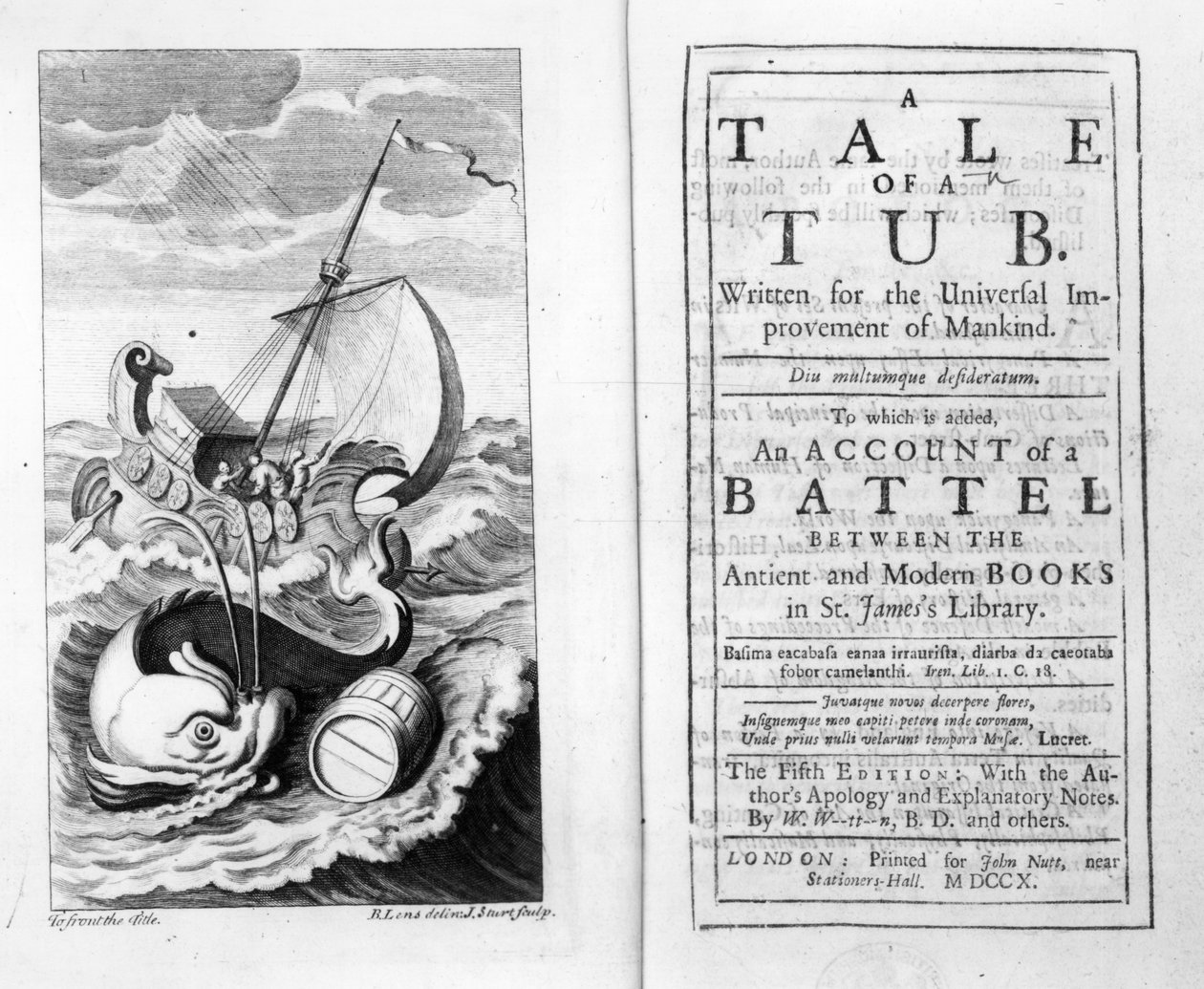 Frontispice et page de titre de A Tale of a Tub par Jonathan Swift, gravé par John Sturt, 1704 - Bernard II Lens