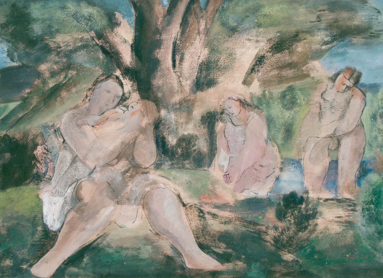 Trois femmes et un enfant se baignant sous un arbre - Bernard Meninsky