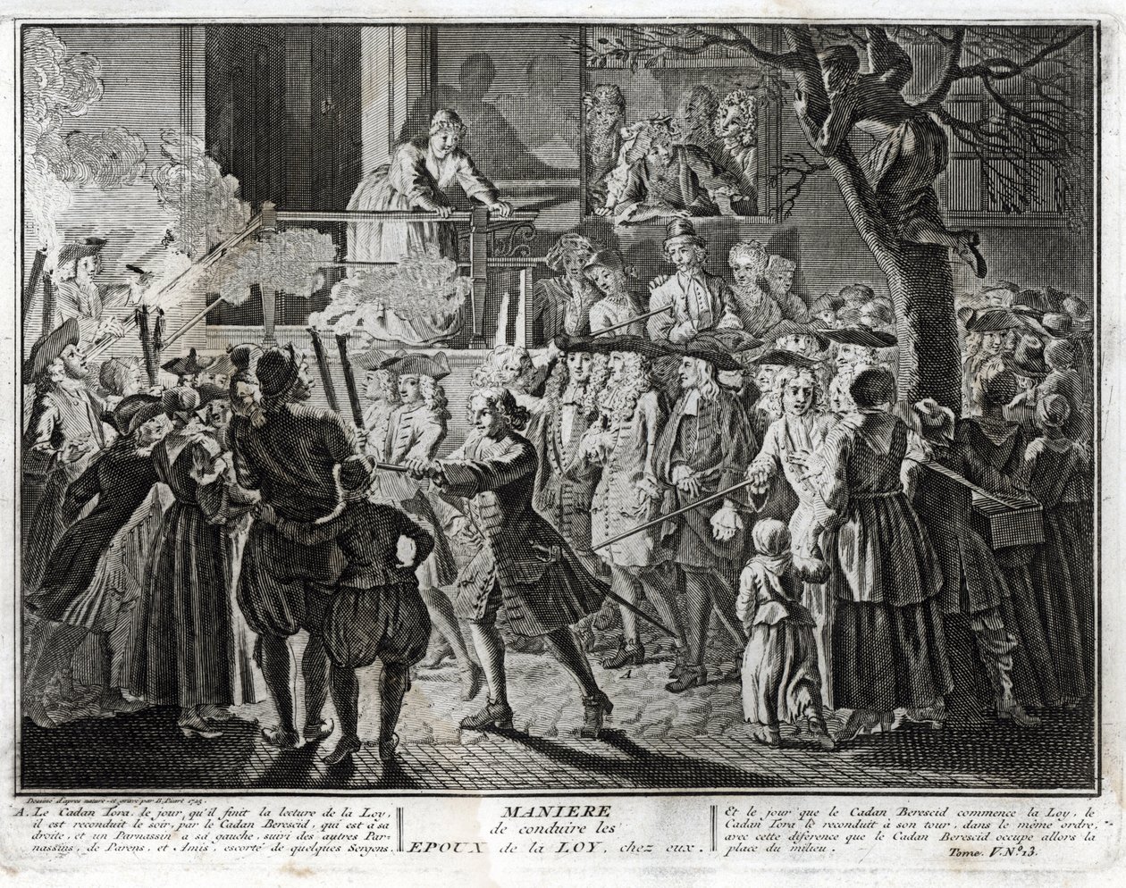 Judaïsme : la manière de conduire les époux de la Loi à la maison - une représentation de la procession par laquelle la communauté honorait, lors de la fête de Simhat Torah, ceux qui avaient été choisis, l