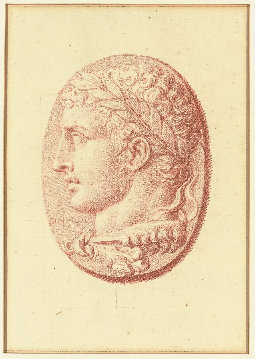 Une des quatre études après camées, trois avec des portraits de profil classiques et une avec un relief fragmentaire de Cupidon et deux lions tirant un char - Bernard Picart