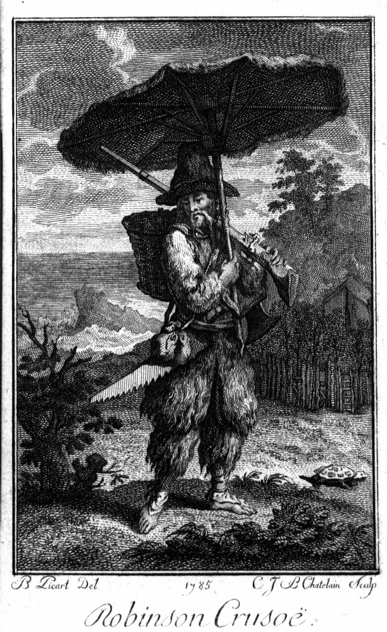 Représentation de Robinson Crusoé sur son île déserte. Gravure par Bernard Picart illustrant le roman de Daniel Defoe - Bernard Picart