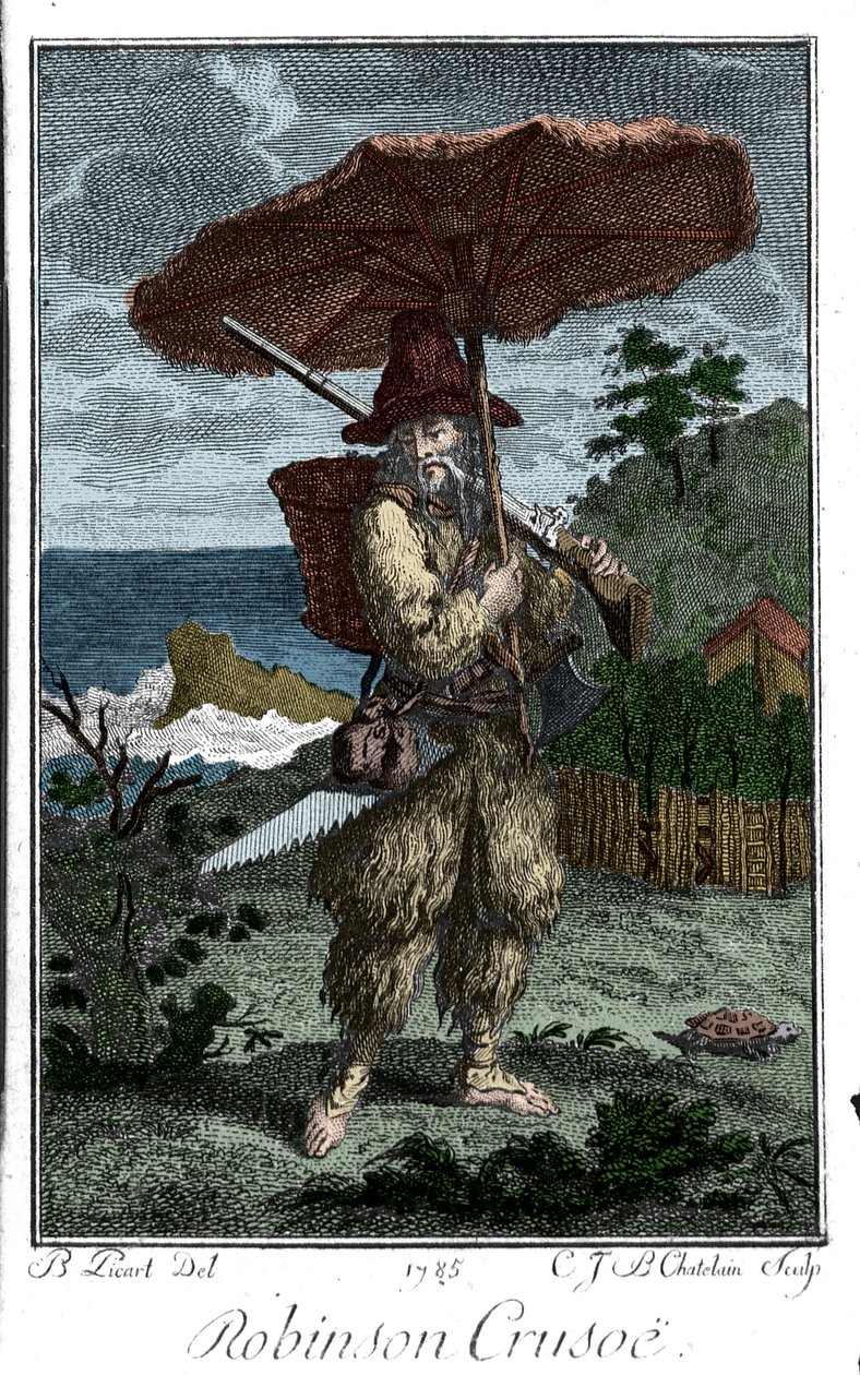 Représentation de Robinson Crusoé sur son île déserte. Gravure de Bernard Picart (1673-1733) illustrant le roman de Daniel Defoe (1660-1731) - Bernard Picart