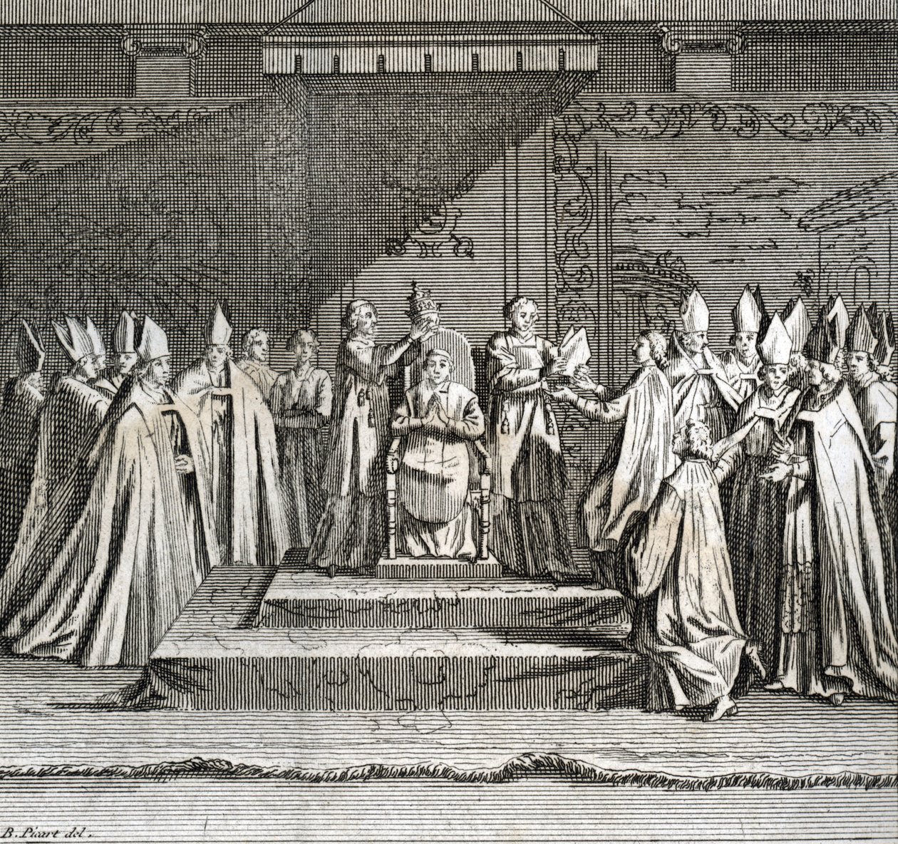 Inauguration solennelle du pontificat « Représentation de la couronnement du pape » Gravure de « Illustration des cérémonies et coutumes religieuses de tous les peuples du monde » par Bernard Picart (1723-1743) - Bernard Picart