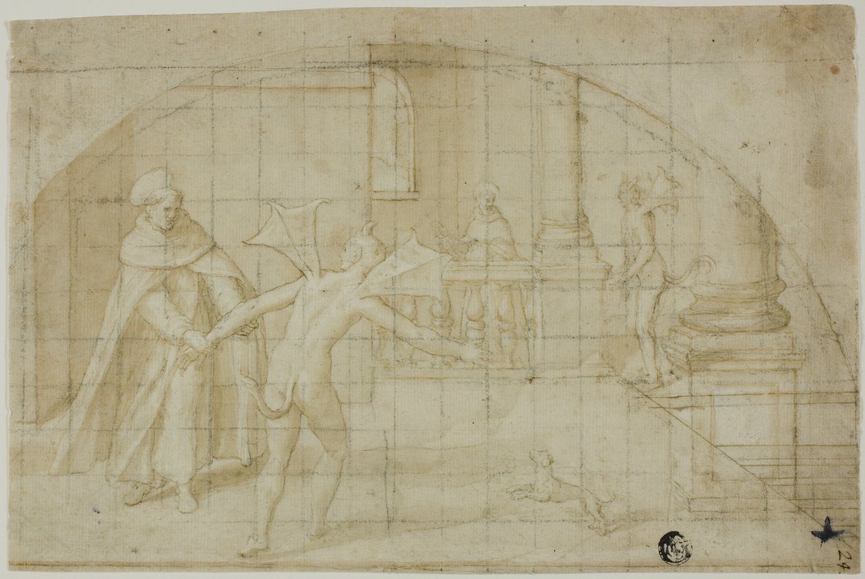 Conception pour une lunette : Diables et saint dans un monastère - Bernardino Poccetti