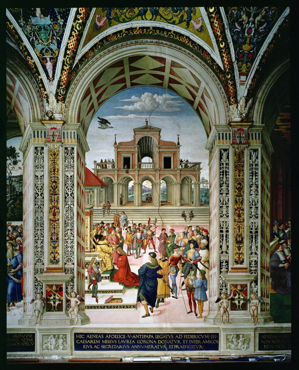 Énée Silvius Piccolomini (1405-64) couronné poète lauréat par Frédéric III (1415-93) en 1442 - Bernardino di Betto Pinturicchio