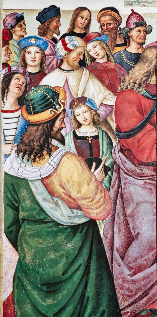 Bibliothèque Piccolomini, mur nord-est : « Énée Sylvius prononce une oraison devant le roi Jacques Ier d