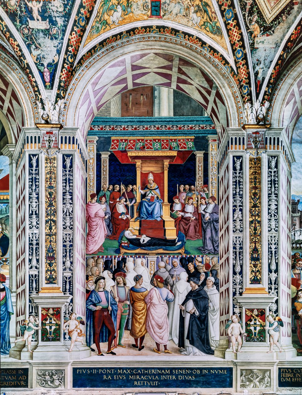 Bibliothèque Piccolomini, mur sud-ouest : "Pie II canonise Sainte Catherine de Sienne, 29 juin" - Bernardino di Betto Pinturicchio