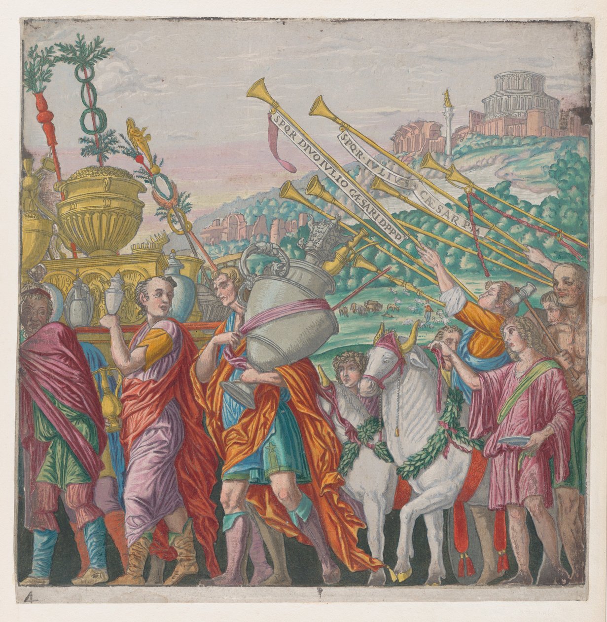 Planche 4 : Hommes portant des trophées à gauche, trompettistes à droite, de Le Triomphe de Jules César - Bernardo Malpizzi