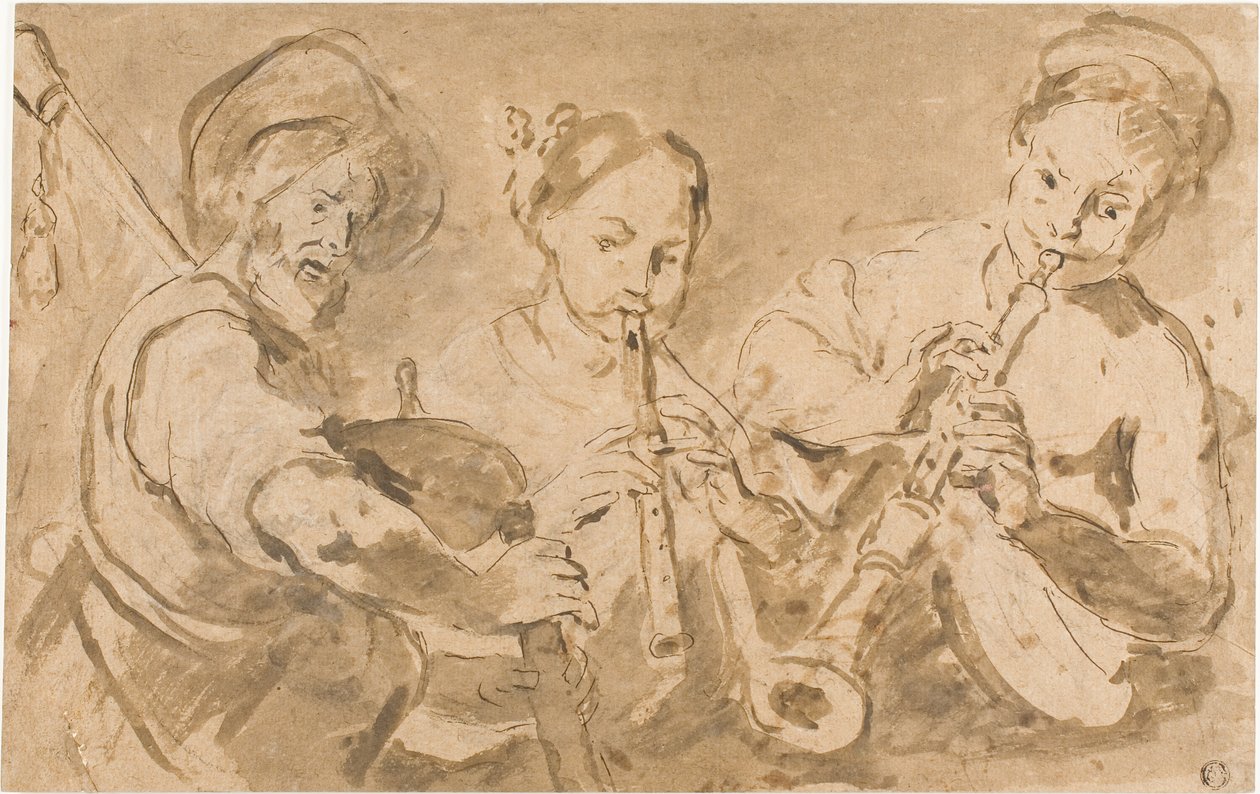 Trois musiciens jouant du cor et du pipeau - Bernardo Strozzi