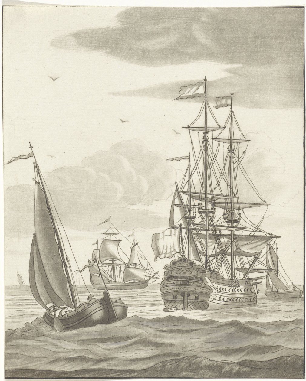 Un navire de guerre et trois voiliers en pleine mer - Bernhard Schreuder