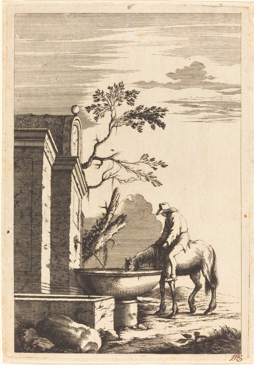 Cheval et cavalier à une fontaine - Bernhard Zaech after Jonas Umbach