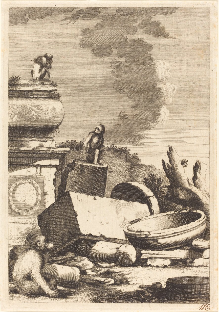 Ruines avec Singes et une Chouette - Bernhard Zaech after Jonas Umbach