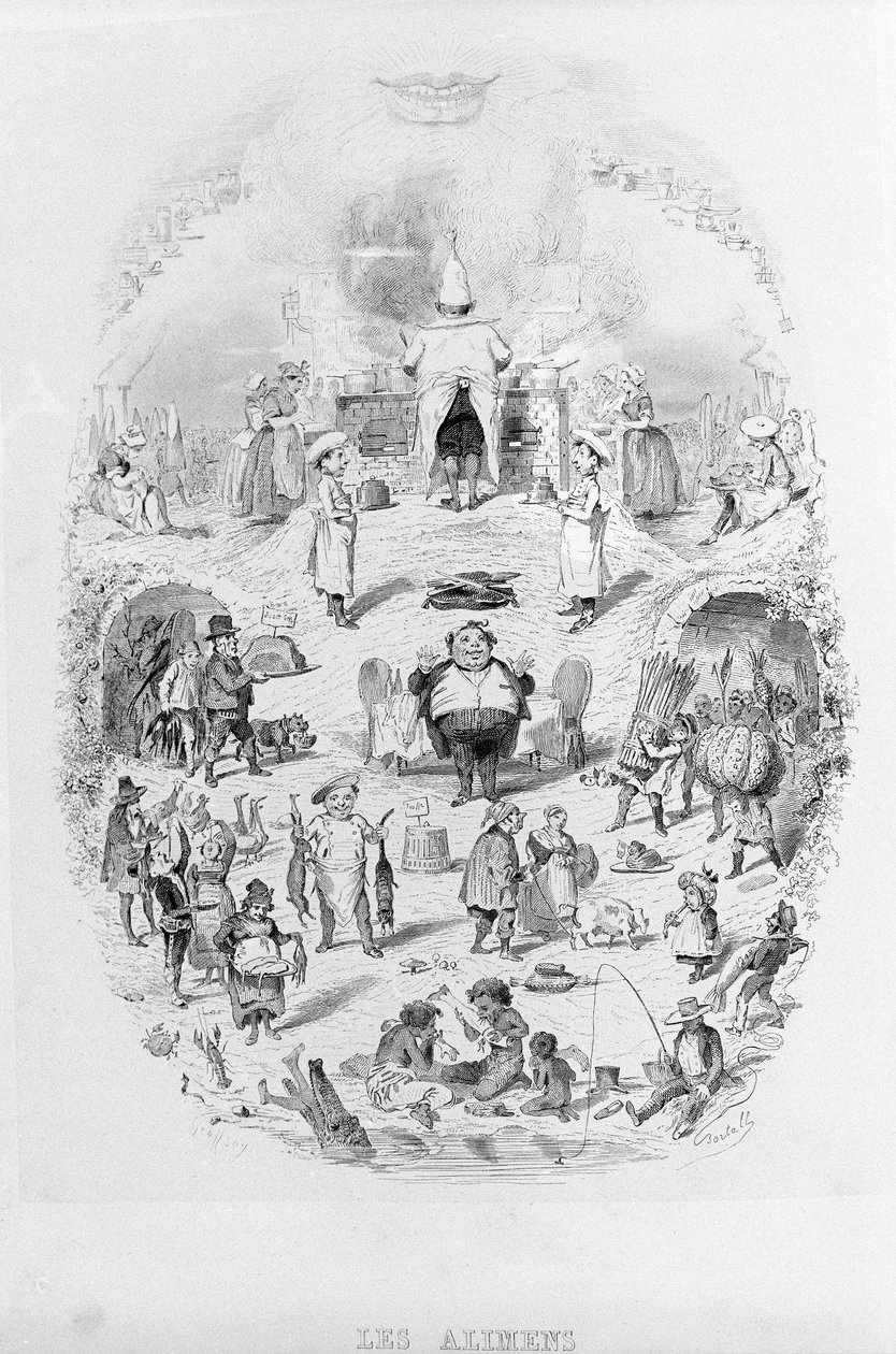 Alimentation : cuisine et différentes façons de préparer les aliments dans Brillat-Savarin illustré par Bertall. Paris 1840. - Bertall