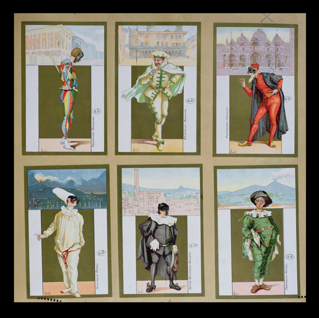 Ensemble de six vignettes représentant des personnages de la Commedia dell