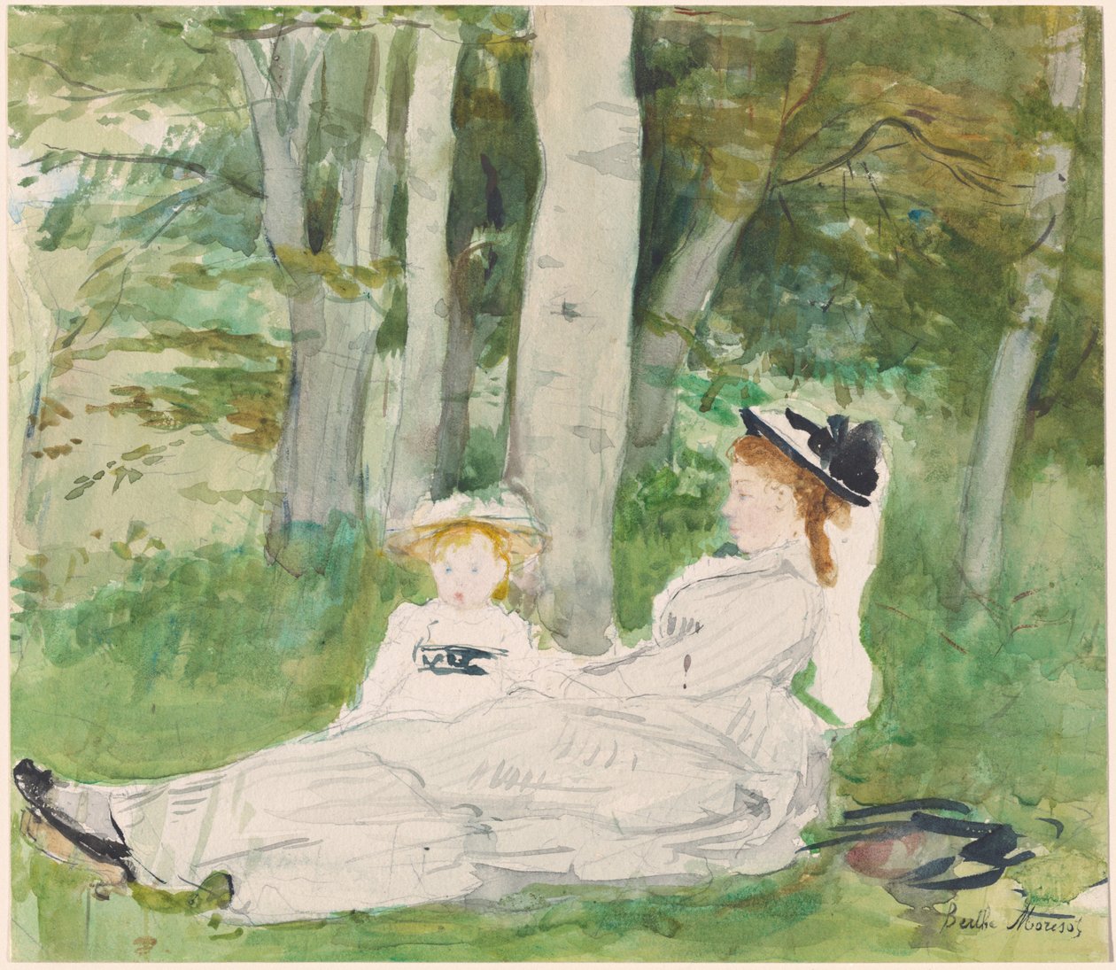 Au bord de la forêt (Edma et Jeanne), vers 1872 (aquarelle) - Berthe Morisot