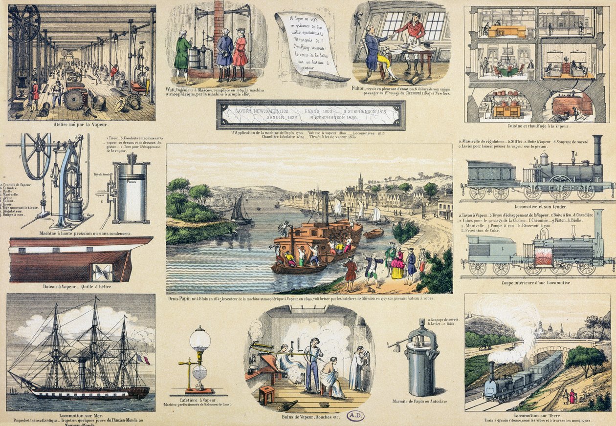 Histoire de la vapeur, illustration pour un manuel éducatif, milieu du XIXe siècle - Bertmont
