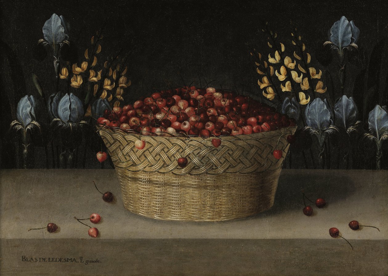Nature morte avec des cerises, lupin et iris - Blas de Ledesma