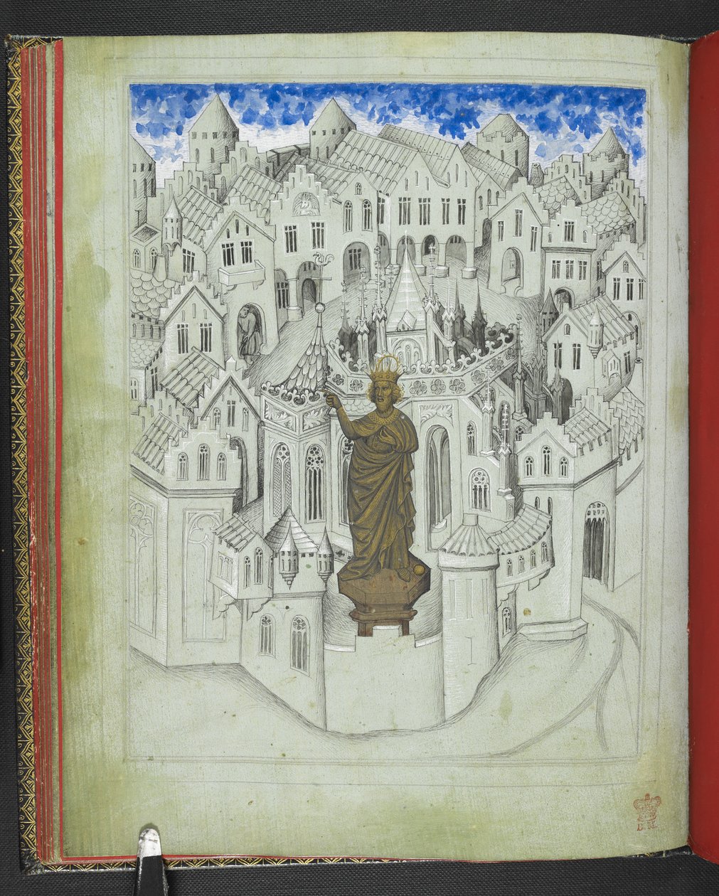 Add 24189, f.9v, La ville de Constantinople, avec une grande statue de l