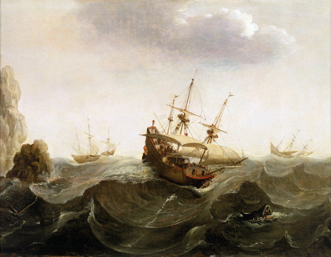 Un navire marchand néerlandais vers les Indes orientales laisse passer deux bateaux de pêche au hareng - Bonaventura Peeters