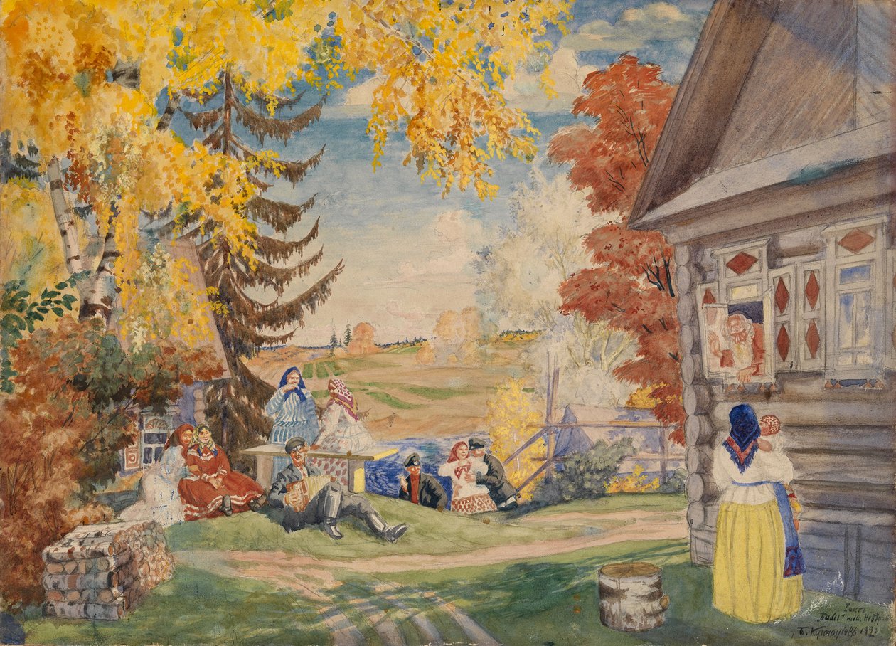 Décor de scène pour la pièce de théâtre Paysannes par Alexandre Neverov, 1920 - Boris Mikhailovich Kustodiev