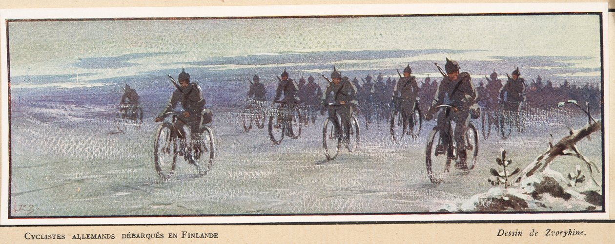 Cyclistes allemands arrivant en Finlande; de Histoire des Soviets, pub. 1922 - Boris Vasilievich Zvorykin
