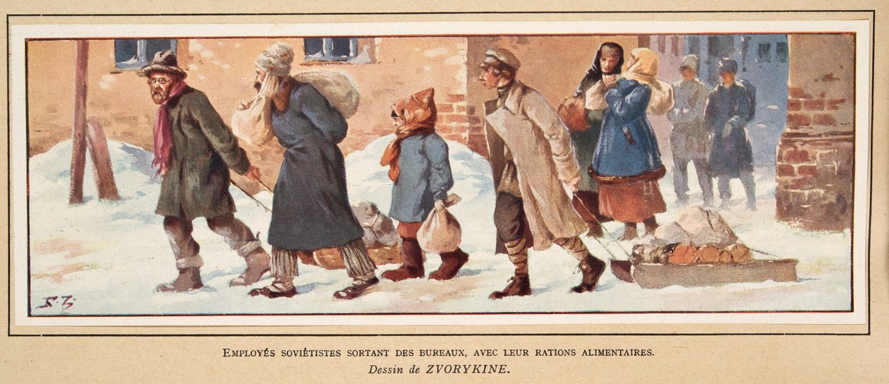 Travailleurs soviétiques quittant le bureau avec leurs rations alimentaires, tiré de Histoire des Soviets, pub. 1922 - Boris Vasilievich Zvorykin