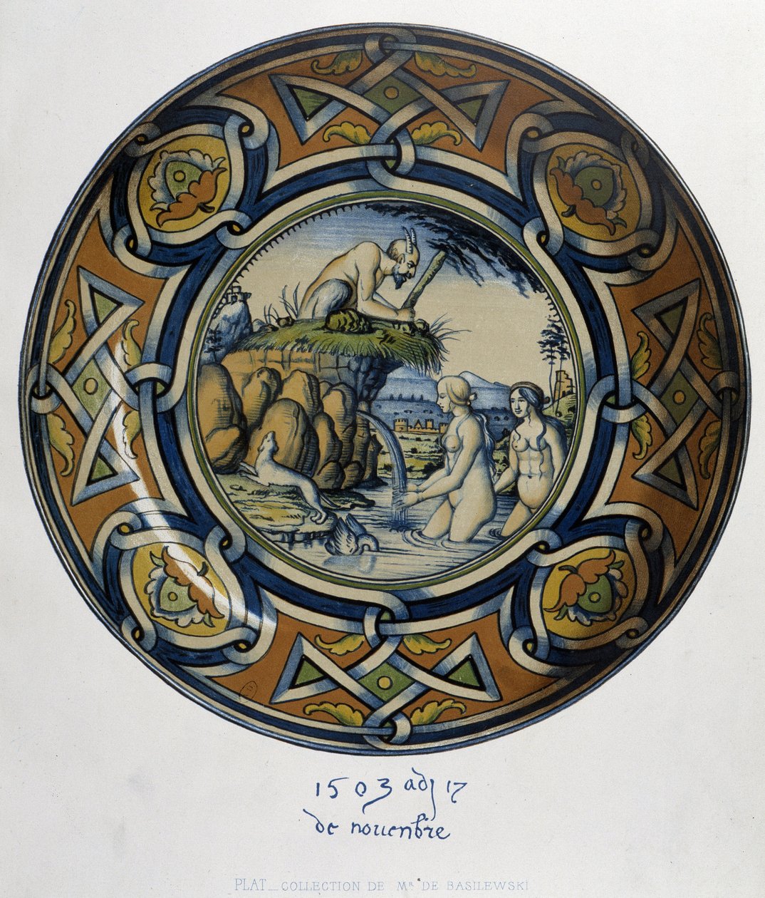 Actéon surprenant Artémis (Diane) au bain - dans "Collection de faïences italiennes des XVe, XVIe et XVIIIe siècles", conçu par C. Delange et C. Borneman, éd. Delange, Paris - Bornemann Bornemann