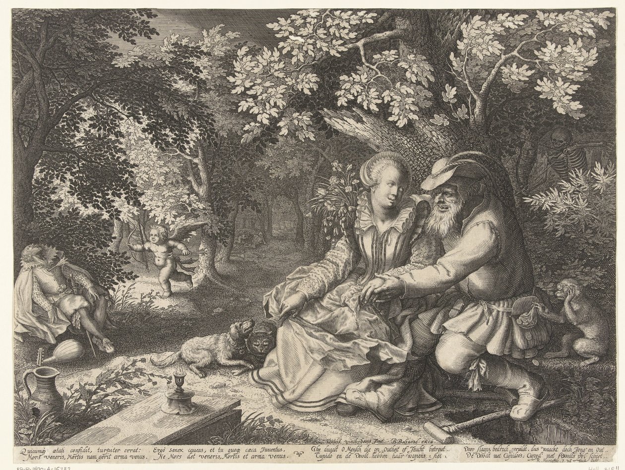 La Mort et Cupidon tirent leurs flèches et un vieil homme courtise une jeune femme - Boëtius Adamsz. Bolswert
