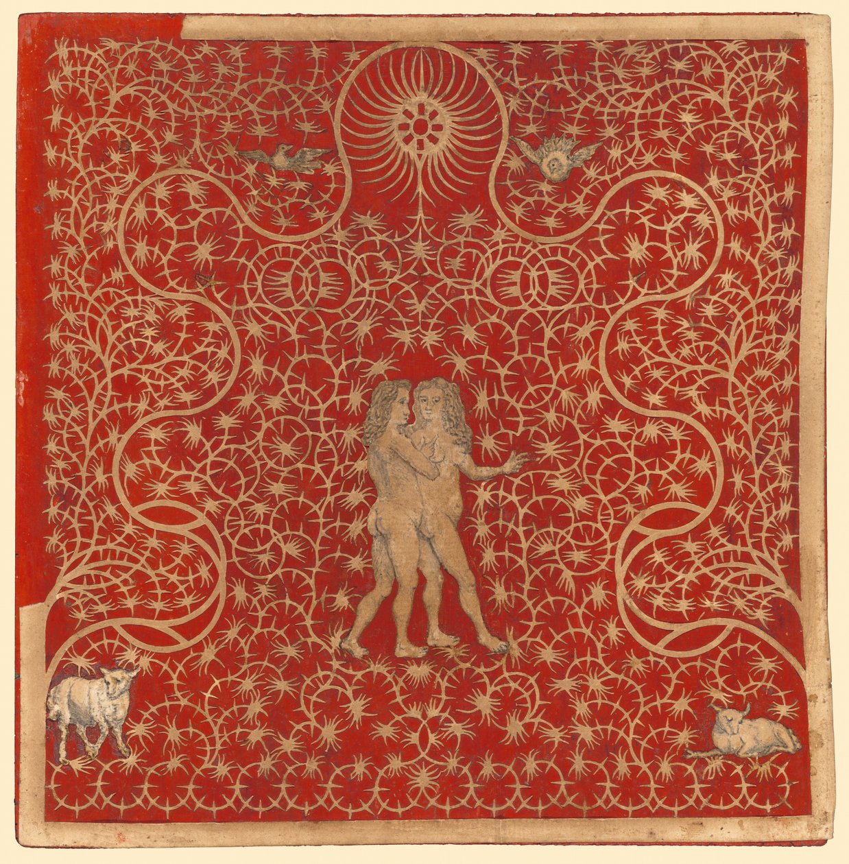 Adam et Ève dans le jardin avec deux moutons et deux colombes - British 18th Century