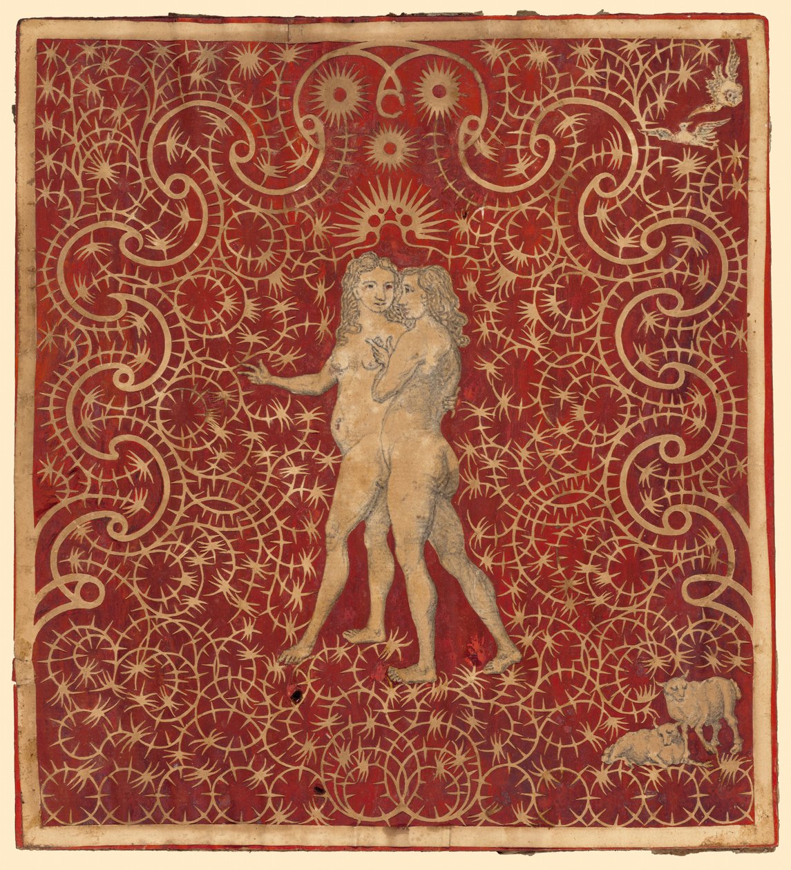 Adam et Ève dans le jardin avec un couple de moutons et un couple de colombes - British 18th Century