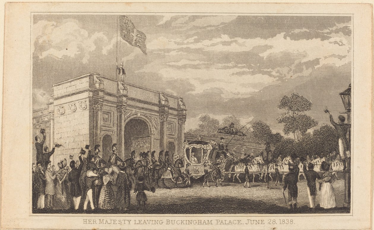 Sa Majesté quittant le Palais de Buckingham, 28 juin 1838 [moitié gauche] - British 19th Century