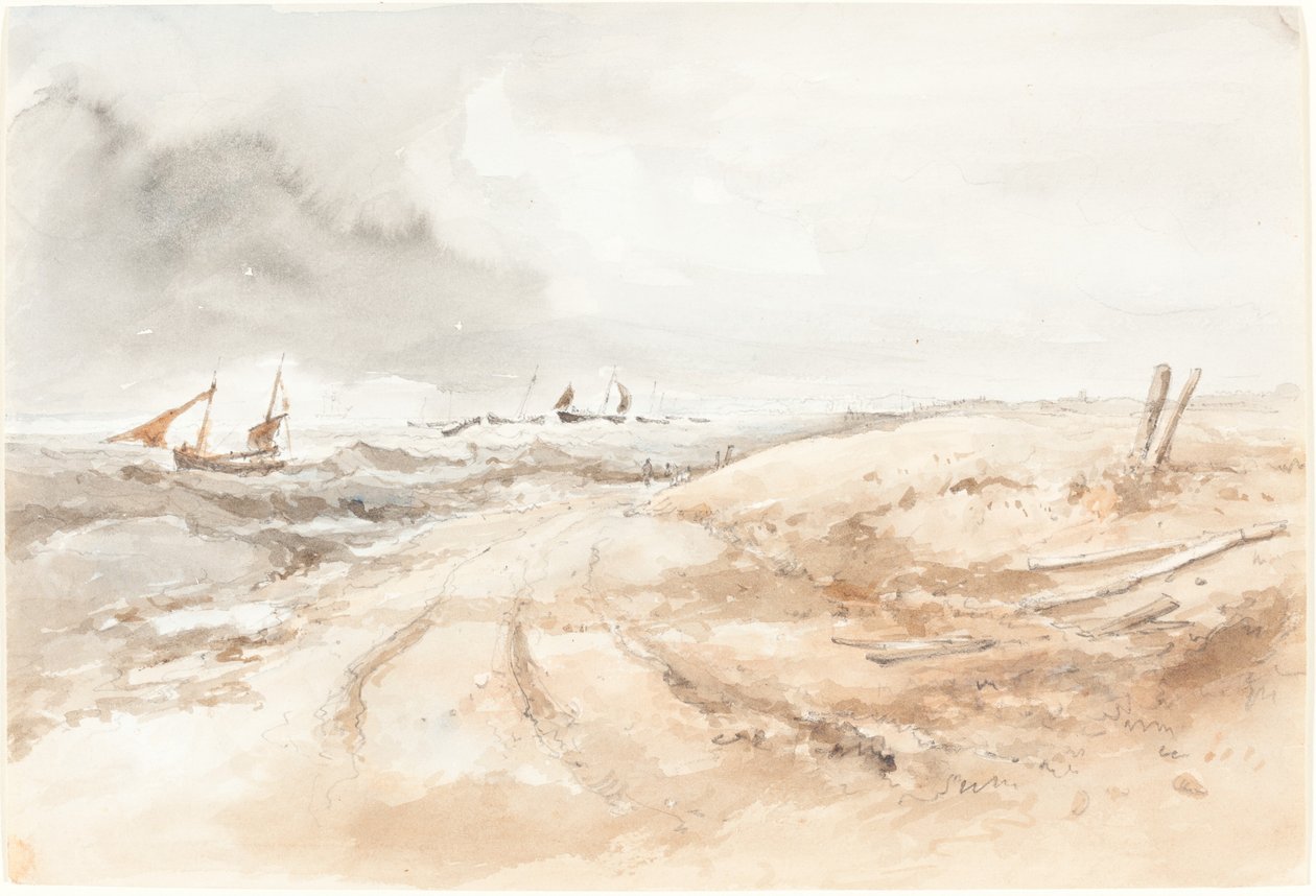 Scène de rivage avec bateaux dans une eau agitée - British 19th Century