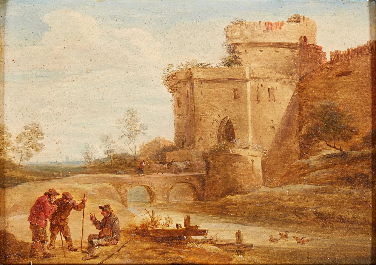Paysage classique avec figures et animaux sur un chemin - British School