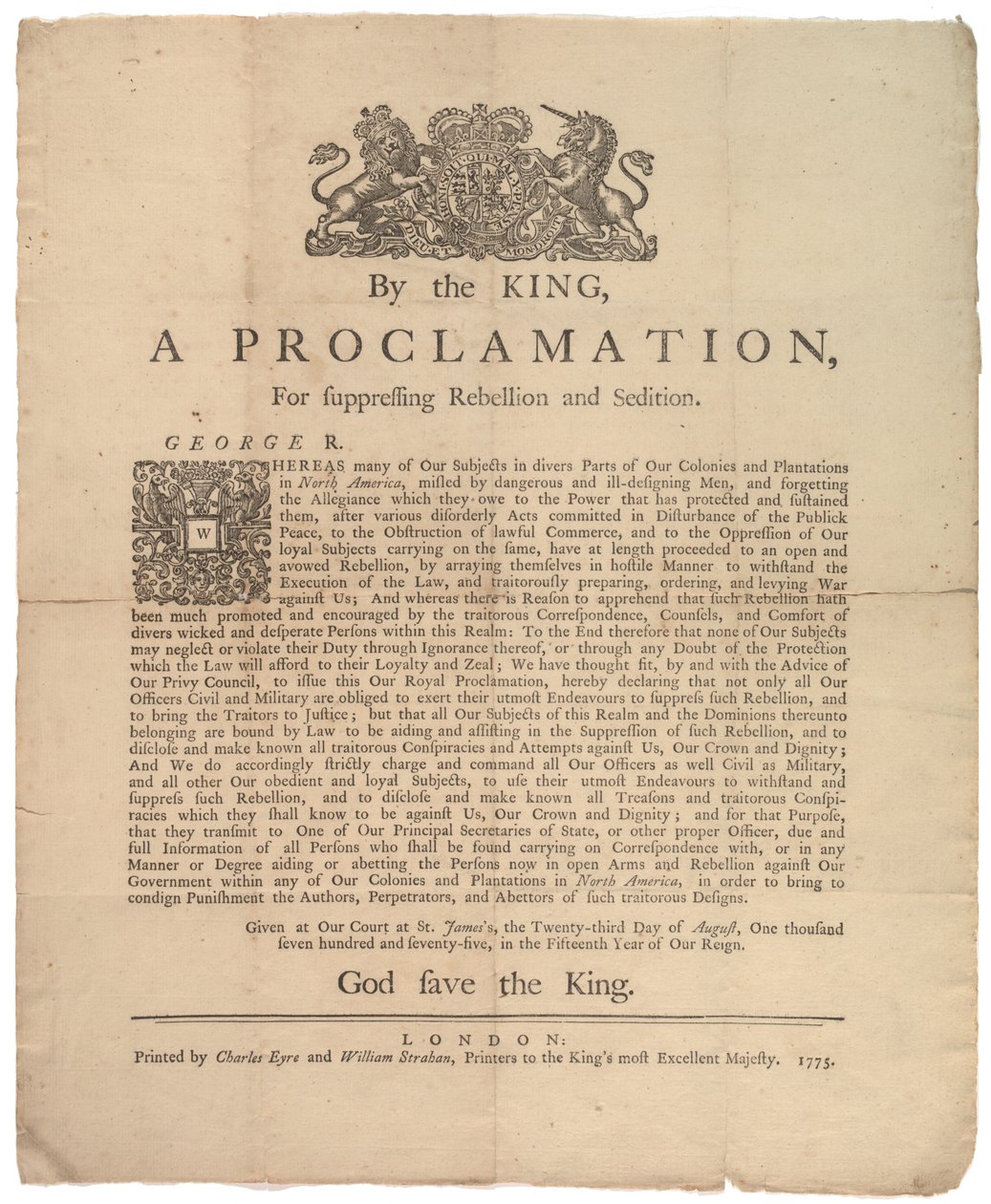 Une proclamation pour réprimer la rébellion..., 23 août 1775 - British School