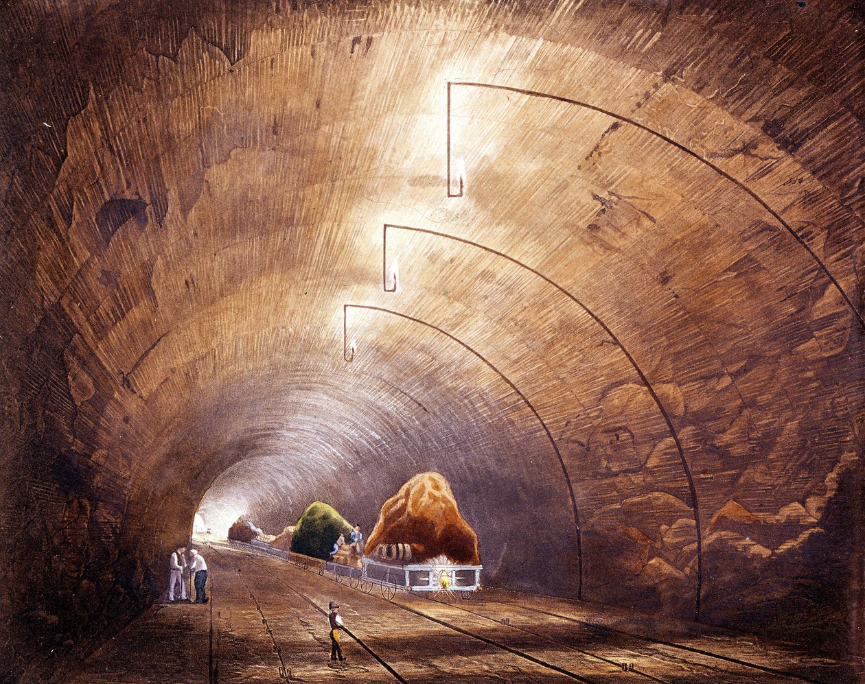 Révolution industrielle : tunnel ferroviaire sur la ligne Manchester - Liverpool. Planche tirée de « Liverpool and Manchester Railway », Londres 1832. - British School