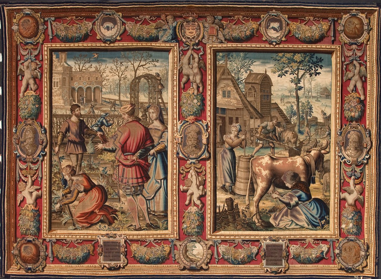 Mars et avril : travaux agricoles et traite des vaches Tapisserie des manufactures de Mortlake. 17ème siècle Gênes, Musei di Strada Nuova - British School