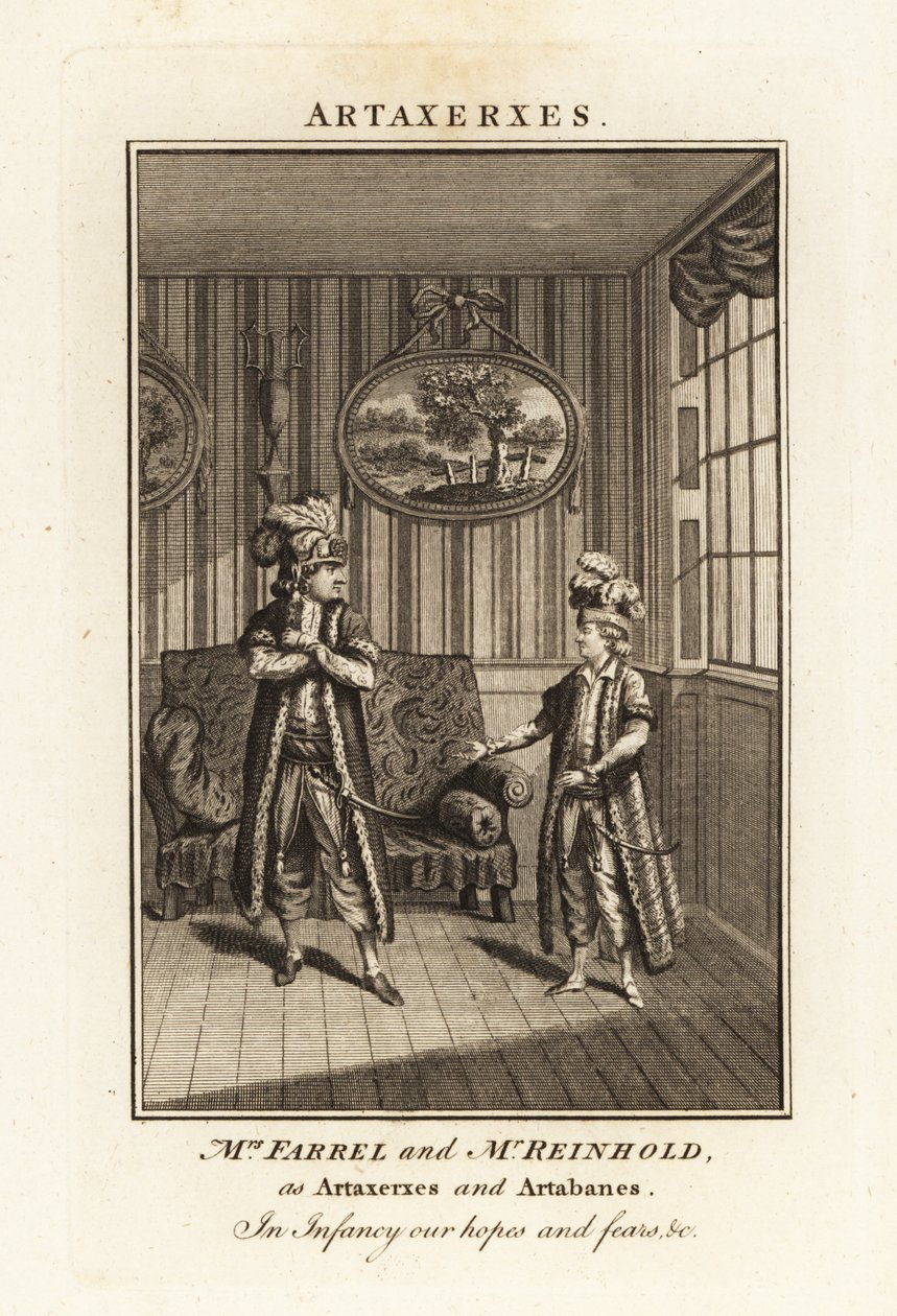 Mme Margaret Farrel et M. Charles Frederick Reinhold en costume persan comme Artaxerxes et Artabanes dans l