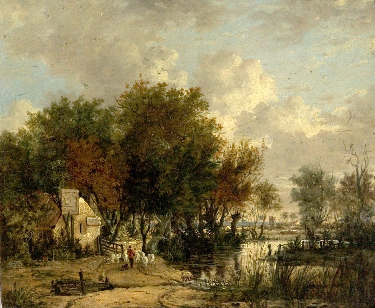 Scène de rivière, garçon conduisant des moutons - British School