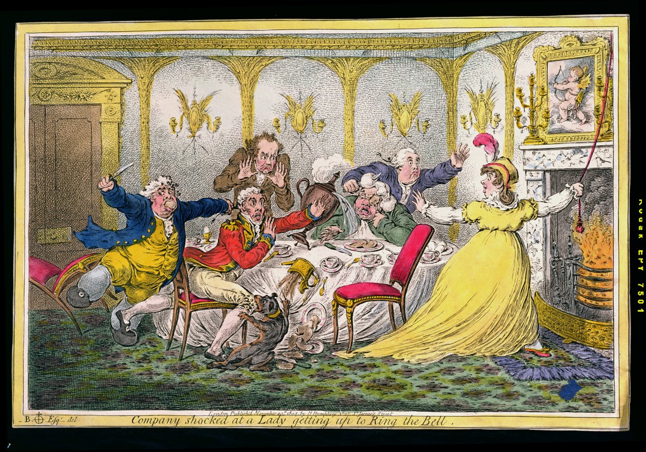 Compagnie choquée par une dame se levant pour sonner la cloche, gravé par James Gillray, publié par Hannah Humphrey en 1804 - Brownlow North