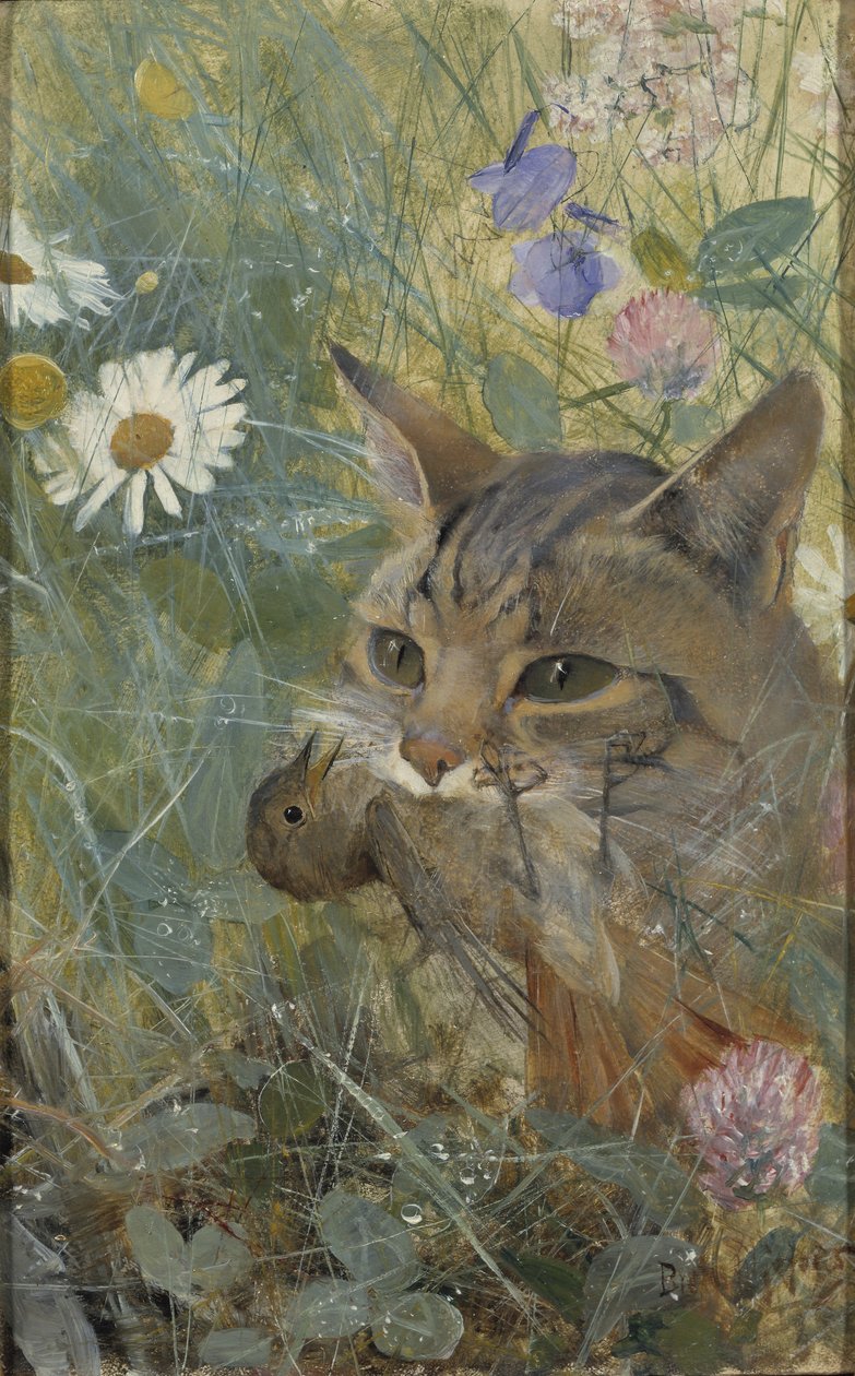 Un chat avec un jeune oiseau dans sa bouche, 1885 - Bruno Andreas Liljefors