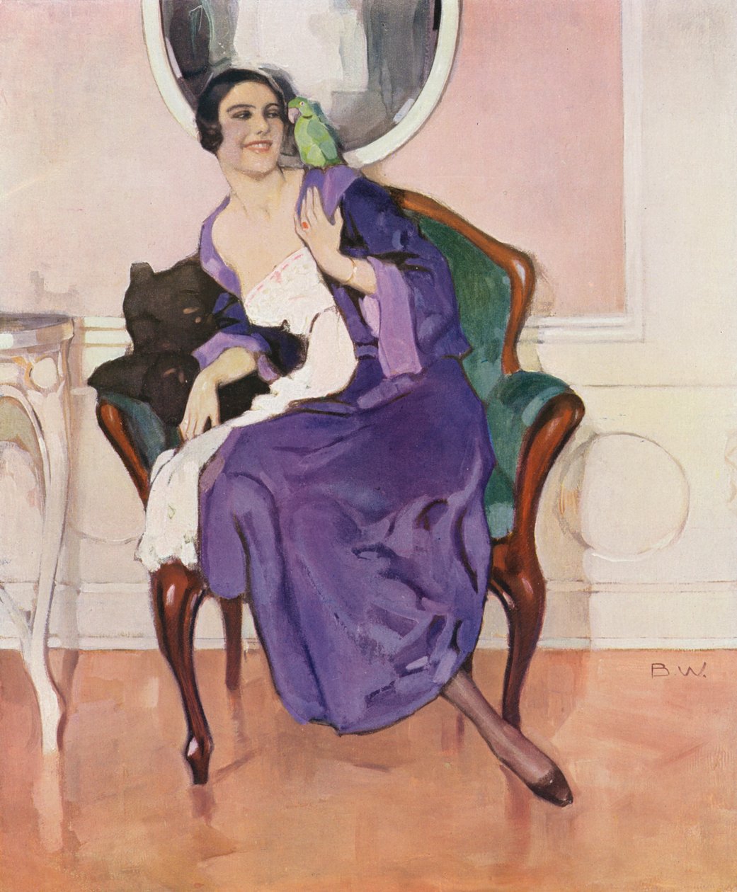 Femme avec un perroquet sur l
