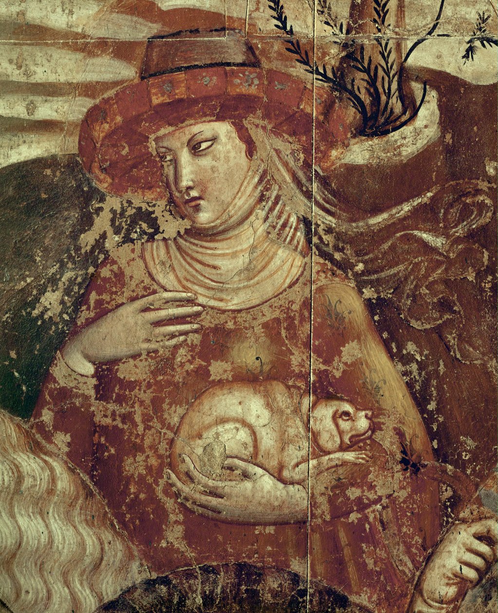 Une élégante dame tenant un petit chien dans ses bras ... (fresque) - Buonamico Buffalmacco