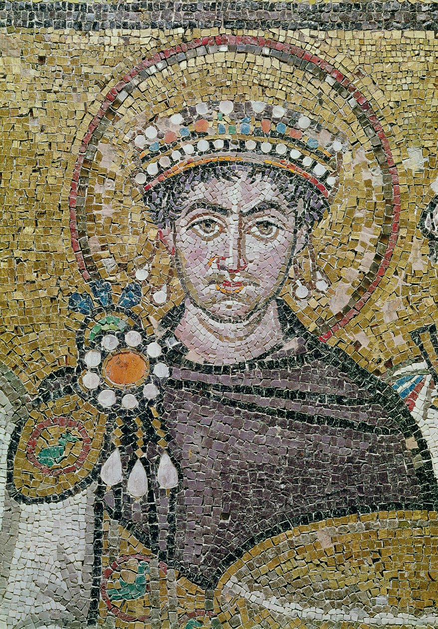 Empereur Justinien I (483-565) c.547 AD (mosaïque) (détail) - Byzantine School