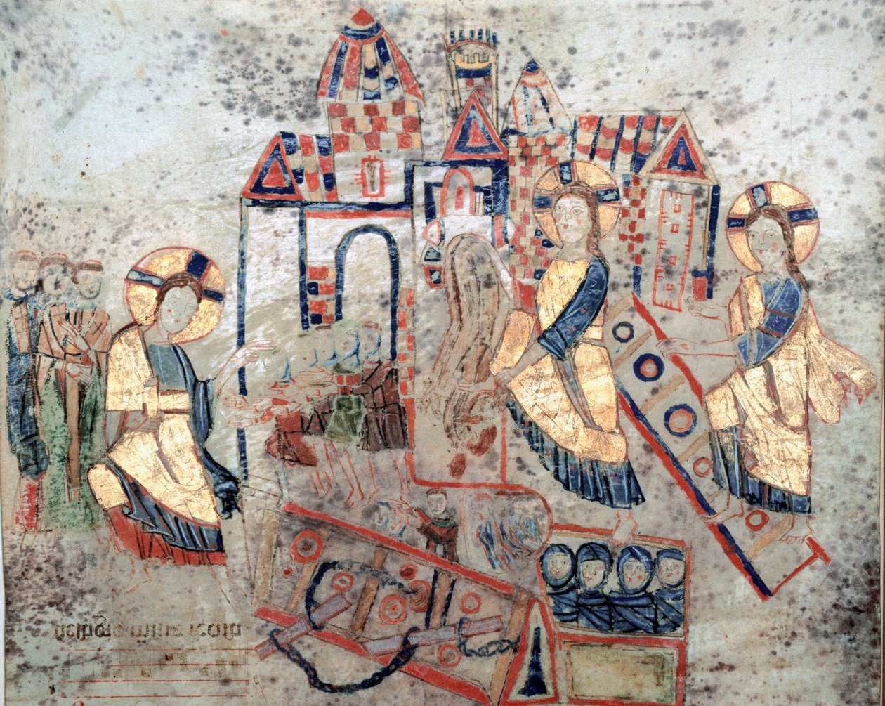Art byzantin : Représentation du Christ Sauveur abattant les portes des Enfers, écrasant Satan et libérant les âmes. Miniature de l