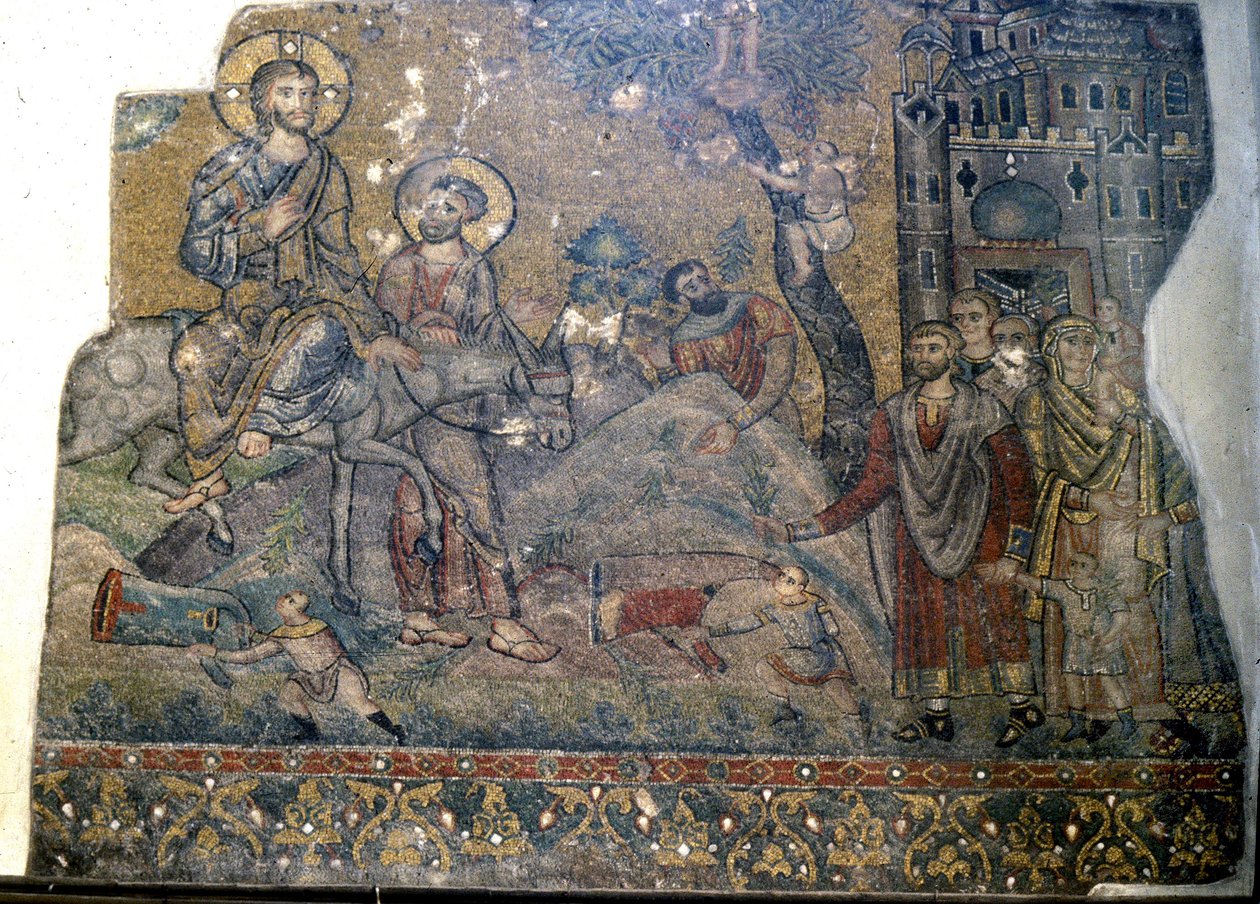 Jésus entrant à Jérusalem le dimanche des Rameaux, église de la Nativité, Bethléem (mosaïque) - Byzantine School