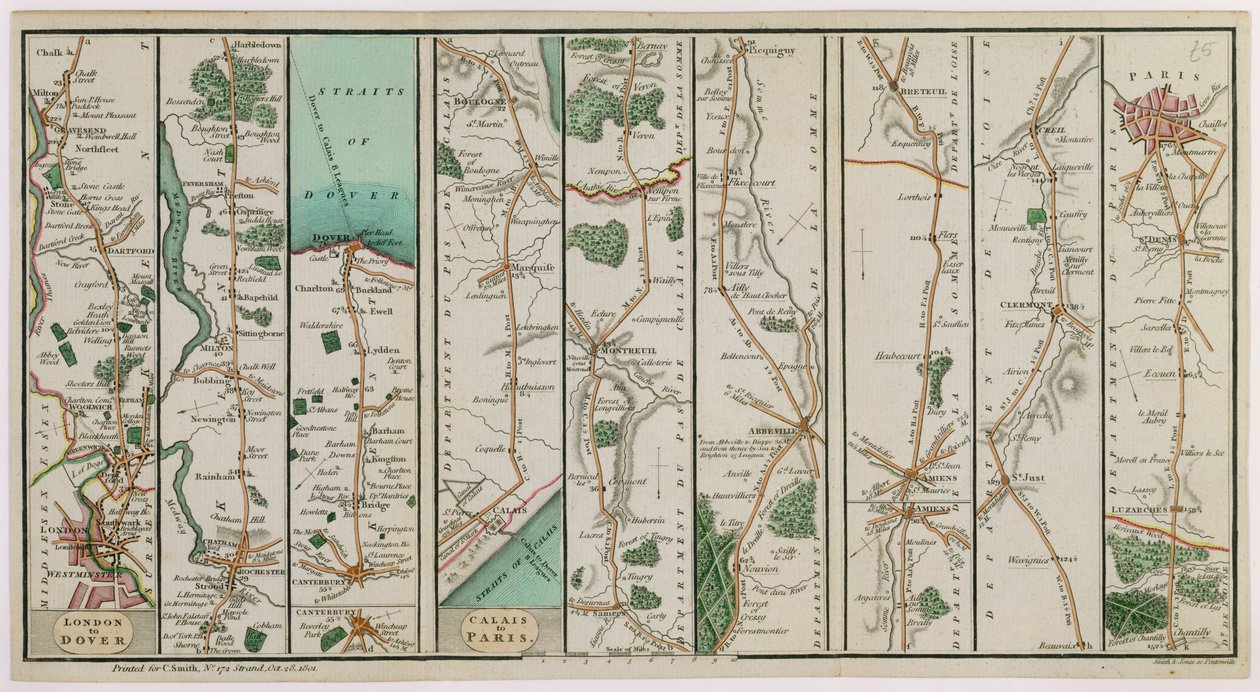 Nouveau plan de la route de Londres à Douvres et de Calais à Paris, gravé par Smith et Jones, 1801 - C. A. Smith