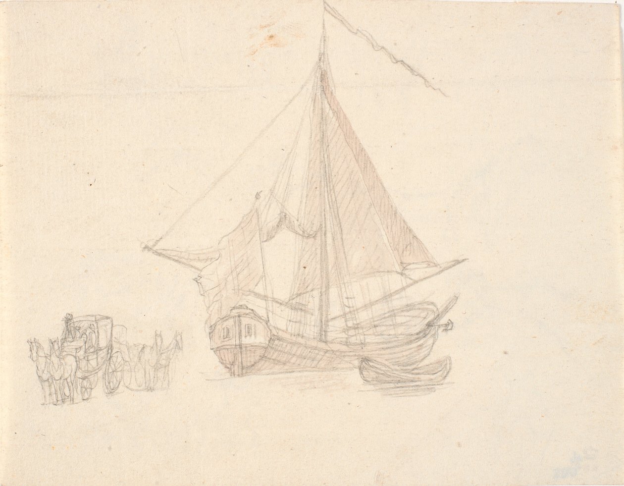 Un navire avec voile et fanion et une chaloupe. À gauche, deux chariots à chevaux - C.A. Lorentzen